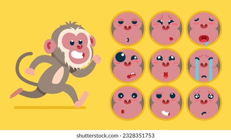 Cute Baboons, Tieremotionen, winziger Affe mit Emoji-Kollokation, Schlafen, Weinen, traurig, gelangweilt, glücklich, aufgeregt, liebenswert, überrascht, unvorsichtig, selbstbewusst, erschreckt, verblüfft, Flaat Vectoravatar