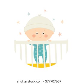 Cute Baby ( 1 year old ) standing in Crib. Baby shower design element. Cartoon vector hand drawn eps 10 illustration isolated on white background.
