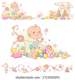 Cute baby 10 months stands with support. Toddler learns to walk. Boy or girl wear bodysuit. First year development.  Vector frame, upper and bottom border.  Decorative elements. Vector illustration.