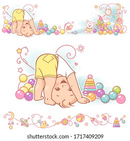 Cute Baby Of 10-13 Months Standing On Head. Little Toddler Girl Or Boy Playing. Blonde Hair Kid. Vector Frames, Upper And Bottom Border.  Decorative Elements. Vector Illustration.