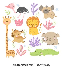 Cute Baby African Animals set. Vector children illustration with adorable characters of african wildlife - elephant, lion, ostrich, hyena, giraffe, antelope, alligator - isolated on white background.