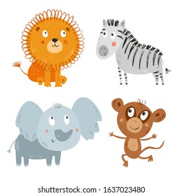 Cute baby African animals vector set. Hand Drawn kids cartoon characters: lion, elephant, monkey, zebra. Nursery art background. Smiling animals.