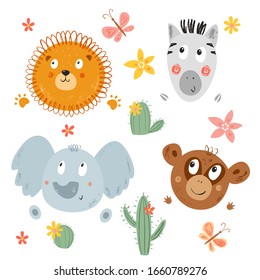 Cute baby African animals vector set. Hand Drawn kids cartoon characters: lion, elephant, monkey, zebra. Nursery art background. Smiling animals.