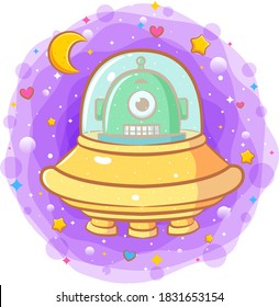 Cute Baby alien in a flying saucer of illustration