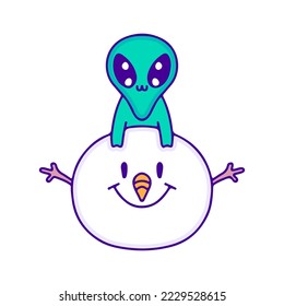 Cute baby alien with snowman doodle art, illustration for t-shirt, sticker, or apparel merchandise. With modern pop and kawaii style.