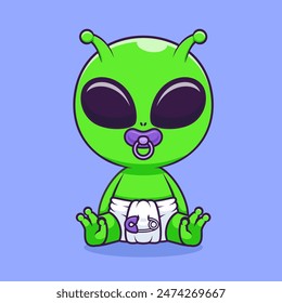 Cute Baby Alien Wearing pacifier And Diaper Cartoon Vector Icon Illustration. Science Technology Icon Concept Isolated Premium Vector. Flat Cartoon Style