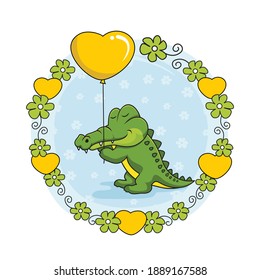 Cute Baby Alligator Cartoon Crocodile with Love Ballon