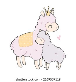 Cute baby alpaca llama and mom, nursery illustration