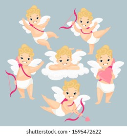 Cute baby amurs flat vector illustrations set. Love cupids cartoon characters with wings and pink arrows and bows flying in clouds collection. Valentines Day decoration design elements.