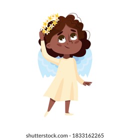 Cute Baby Angel, Angelic African American Girl with Wings and Wreath of Flowers Cartoon Style Vector Illustration
