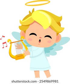 Cute Baby Angel Boy Cartoon Character Sing A Song With Harp. Vector Illustration Flat Design Isolated On Transparent Background