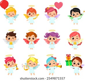 Cute Baby Angel Boy Cartoon Characters. Vector Flat Design Collection Set Isolated On Transparent Background