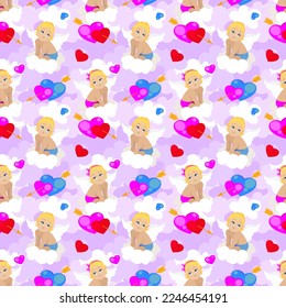 Cute baby angel boy and girl with wings, blond hair and blue eyes are sitting on a cloud. Lilac background with red, blue and pink hearts, print, seamless pattern. Vector valentine's day illustration