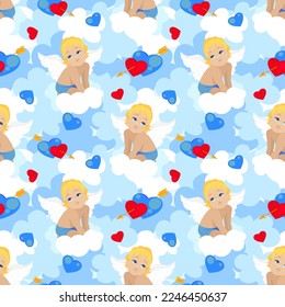 A cute baby angel boy with white wings and blue eyes sits on a cloud. Light blue background with red hearts and arrows, print, seamless pattern. Vector illustration for valentine's day