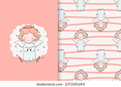 Cute baby angel. Cartoon card and seamless pattern set. Vector illustration.