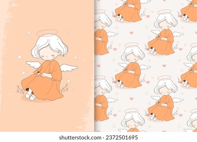 Cute baby angel. Cartoon card and seamless pattern set. Vector illustration.