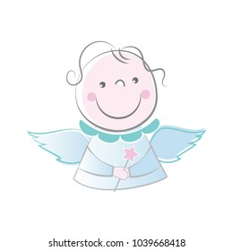 Cute baby angel cartoon character vector illustration. Can be used for baby products logo and baby shower celebration invitation and greeting card.