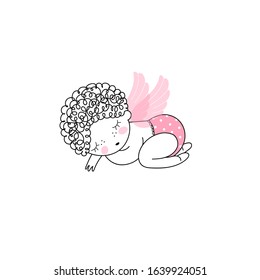 Cute baby angel cartoon illustration isolated on white. Linear drawing of little child with pink cupid wings. Simple monoline sleeping kid vector clip-art. Baby shower nursery design.