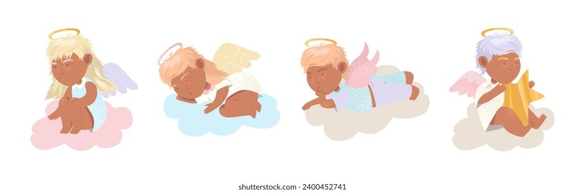 Cute Baby Angel Character with Wing and Nimbus Vector Set