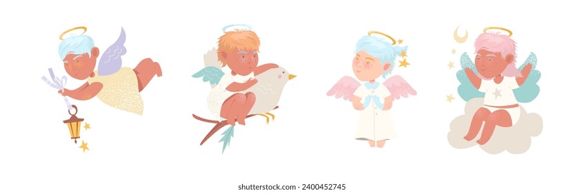 Cute Baby Angel Character with Wing and Nimbus Vector Set