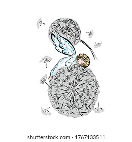 Cute baby angel with flower of dandelion. Symbol god of man. Concept of resurrection of Jesus Christ. Christmas, Easter design. 