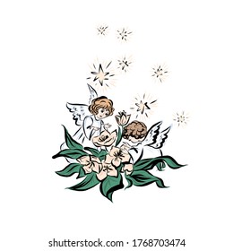 Cute baby angel with flower. Symbol god of man. Concept of resurrection of Jesus Christ. Christmas, Easter design. 