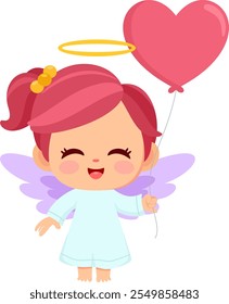 Cute Baby Angel Girl Cartoon Character Holding Up A Heart Balloon. Vector Illustration Flat Design Isolated On Transparent Background