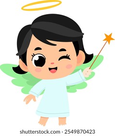 Cute Baby Angel Girl Cartoon Character Holding Magic Wand. Vector Illustration Flat Design Isolated On Transparent Background