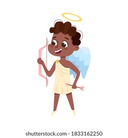 Cute Baby Angel Shooting with Bow, African American Angelic Boy with Wings Cartoon Style Vector Illustration