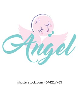 Cute baby angel sleeping on the wings hand drawn vector illustration. Can be used for baby t-shirt print, baby shower celebration greeting, and invitation card.