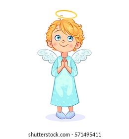 Cute baby angel turns to God, his hands folded in prayer. Funny religious children's character. Vector illustration  isolated on white background.