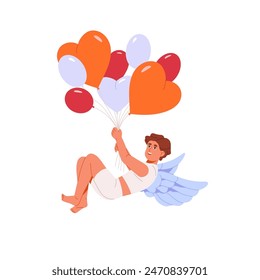 Cute baby angel with wings hanging on balloons with heart shape. Amor, cupid flying in the air. Romantic symbol of love. St. Valentines Day, 14 February. Flat isolated vector illustration on white