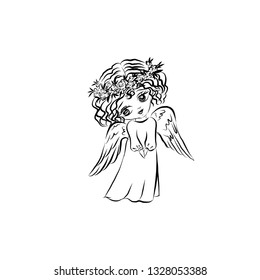 Cute baby angel with a wreath of flowers on her head. Graphic vintage linear drawing. Concept for religious holidays - Easter, Christmas. Biblical heavenly symbol of man with wings. 