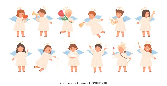 Cute baby angels flat vector illustrations set. Adorable little children with wings cartoon characters. Cheerful boys and girls holding different items. Angelic beings isolated on white background.