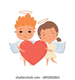 Cute baby angels flat vector illustrations. Cute cupid characters with heart. Happy Valentine's day. Adorable cartoon little children with wings. Angelic beings isolated on white background.