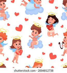Cute Baby Angels with Nimbus and Wing Vector Seamless Pattern