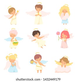 Cute Baby Angels with Nimbus and Wings Set, Adorable Boys And Girls Cartoon Characters in Cupid or Cherub Costumes Vector Illustration