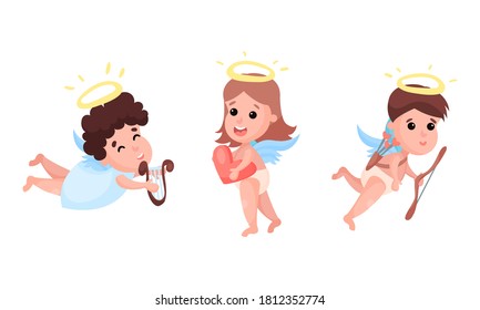 Cute Baby Angels with Nimbus and Wings Vector Set