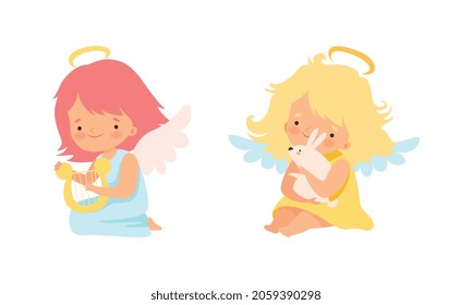 Cute Baby Angels with Nimbus and Wings Vector Set