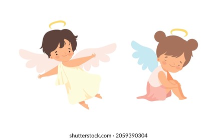 Cute Baby Angels with Nimbus and Wings Vector Set