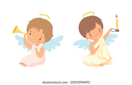 Cute Baby Angels with Nimbus and Wings Vector Set