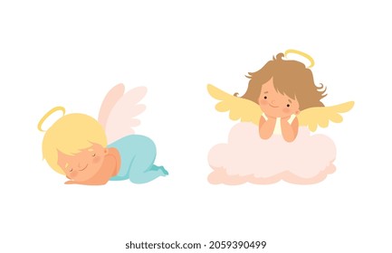 Cute Baby Angels with Nimbus and Wings Vector Set