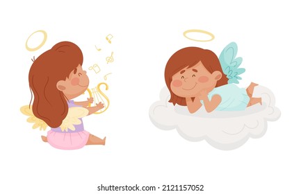 Cute baby angels with nimbus and wings. Lovely angelic little girl playing harp and lying in cloud vector illustration