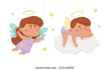 Cute baby angels with nimbus and wings. Lovely angelic little children flying in the sky vector illustration