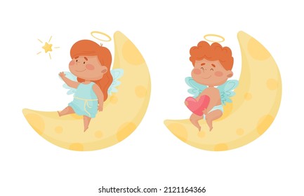 Cute baby angels with nimbus and wings. Lovely angelic little children sitting on the moon vector illustration