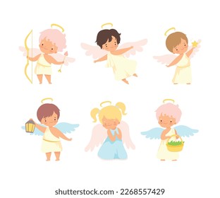 Cute Baby Angels with Nimbus and Wings Vector Set