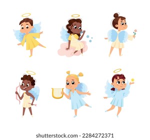 Cute Baby Angels with Nimbus and Wings Vector Set