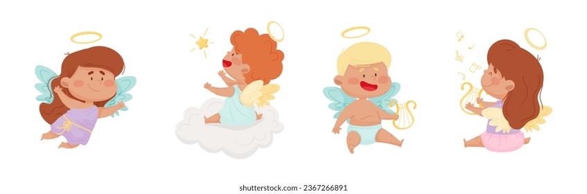 Cute Baby Angels with Nimbus and Wings Vector Set