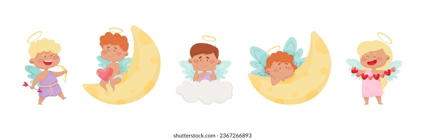 Cute Baby Angels with Nimbus and Wings Vector Set