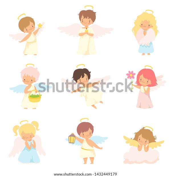 ニンバスと翼セットのかわいい赤ちゃんの天使 キューピッドやチェルブの衣装を着た愛らしい少年少女の漫画のキャラクターベクターイラスト のベクター画像素材 ロイヤリティフリー
